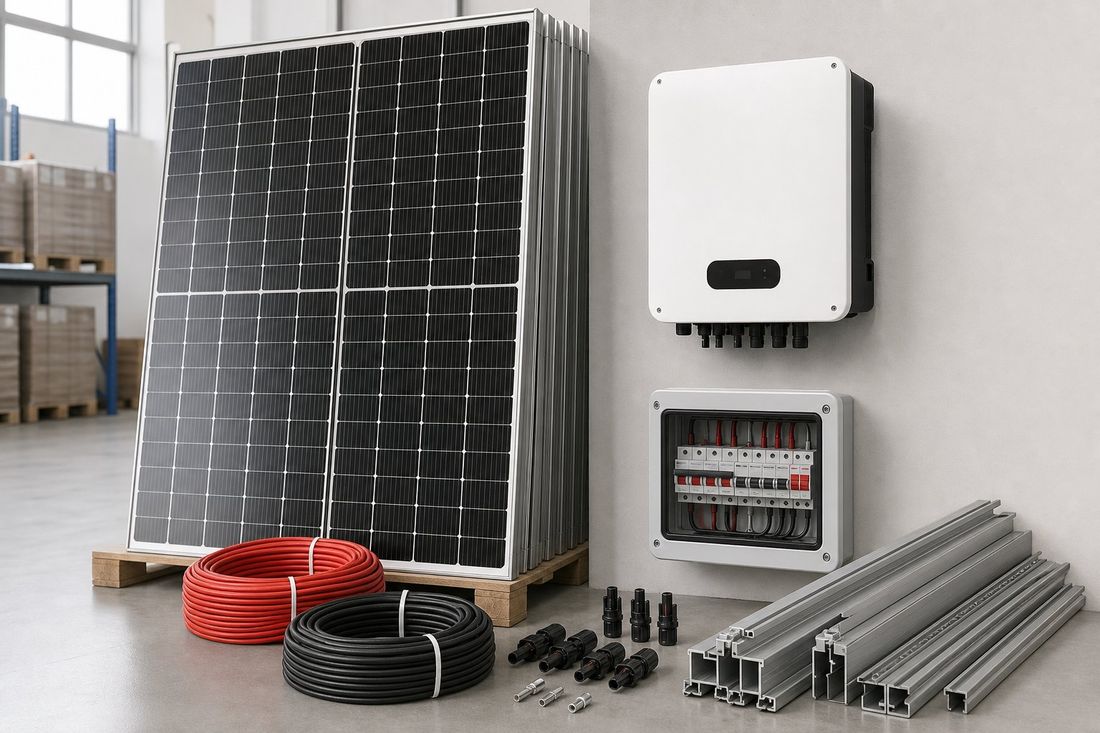 Solar panels, inverters and BOS material stocked at Raavi Solar warehouse