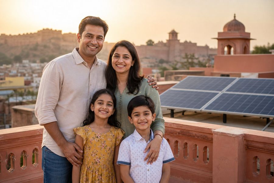 Happy family with new 3kW rooftop solar system in Jaipur