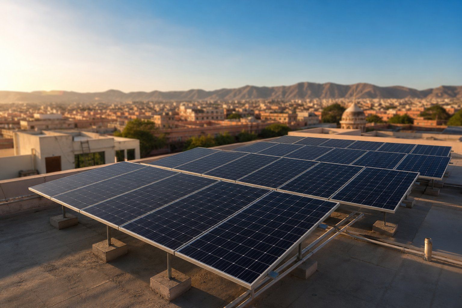 Rooftop solar panel installation on a home in Jaipur, Rajasthan