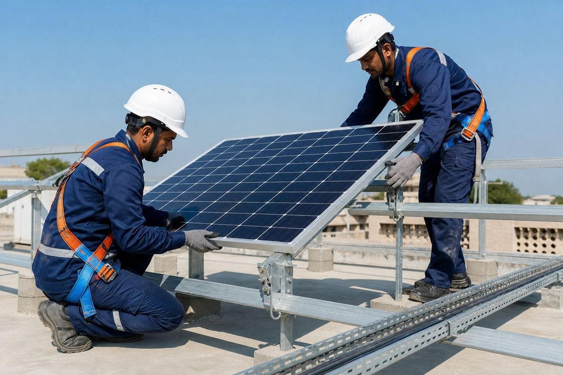 Raavi Solar trained technicians installing rooftop solar panels in Rajasthan